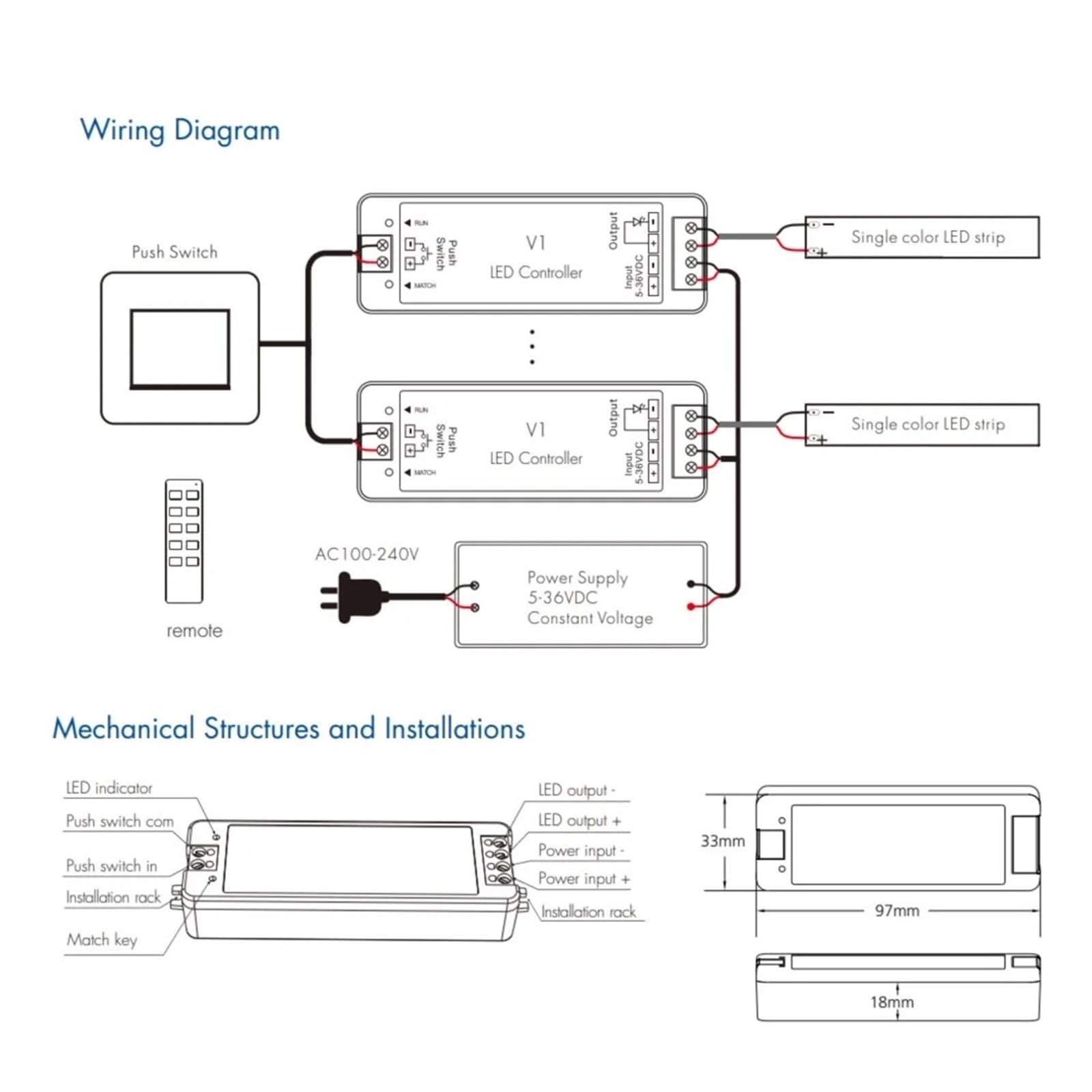 Controlador de atenuación LED V1 DC 5V/12V/24V 8A PWM, interruptor + control remoto táctil for tira de luces LED monocromática COB 5050 3528(V1 and R6)