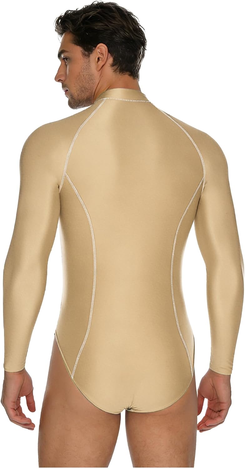 Men's Surfing Rash Guard Bodysuit Glossy Mock Neck Long Sleeve Front Zipper Leotard Swimming
