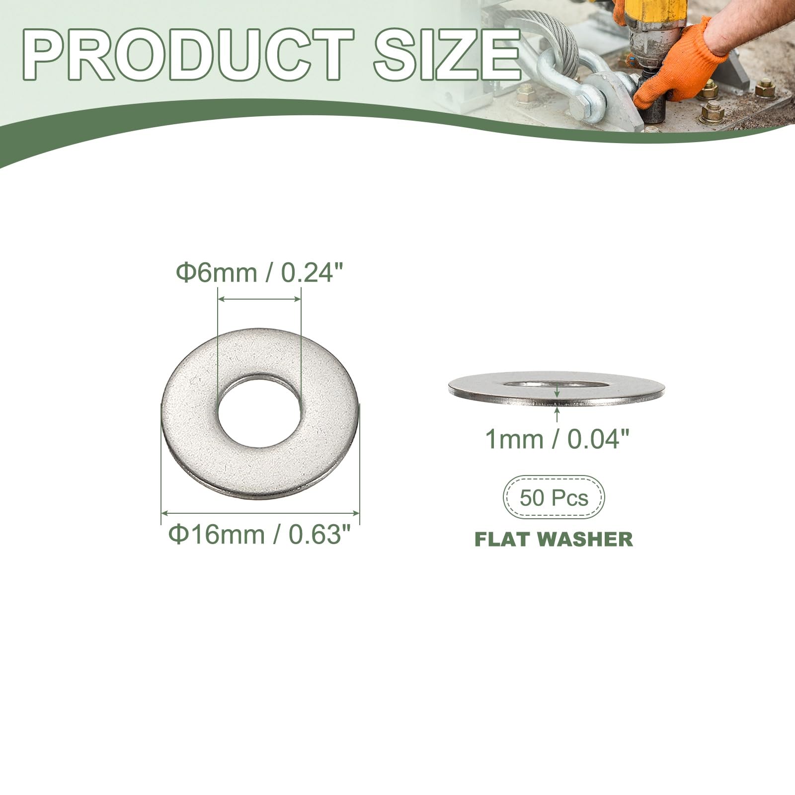 YELARXI Flat Washers, 304 Stainless Steel Hardware Assorted Washer, 16 x 6 x 1 mm Fit for Bolts Screws Industrial Use (50 Pack, Silver) - Image 2