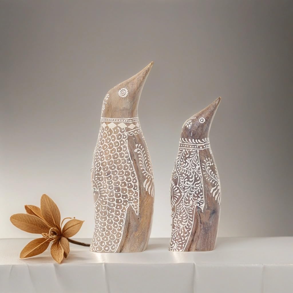 2er Set Boho Tierfigur Pinguin handgefertigt aus Holz 25 cm Dekoration