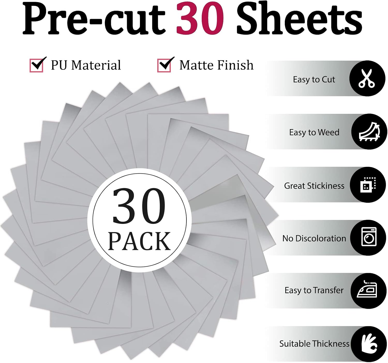 WRAPXPERT Silver HTV Heat Transfer Vinyl Bundle 30-Pack Iron On Vinyl for Tshirts,12"x10"HTV Vinyl Smooth PU Easy to Cut and Weed for Heat Press Machine on Garments