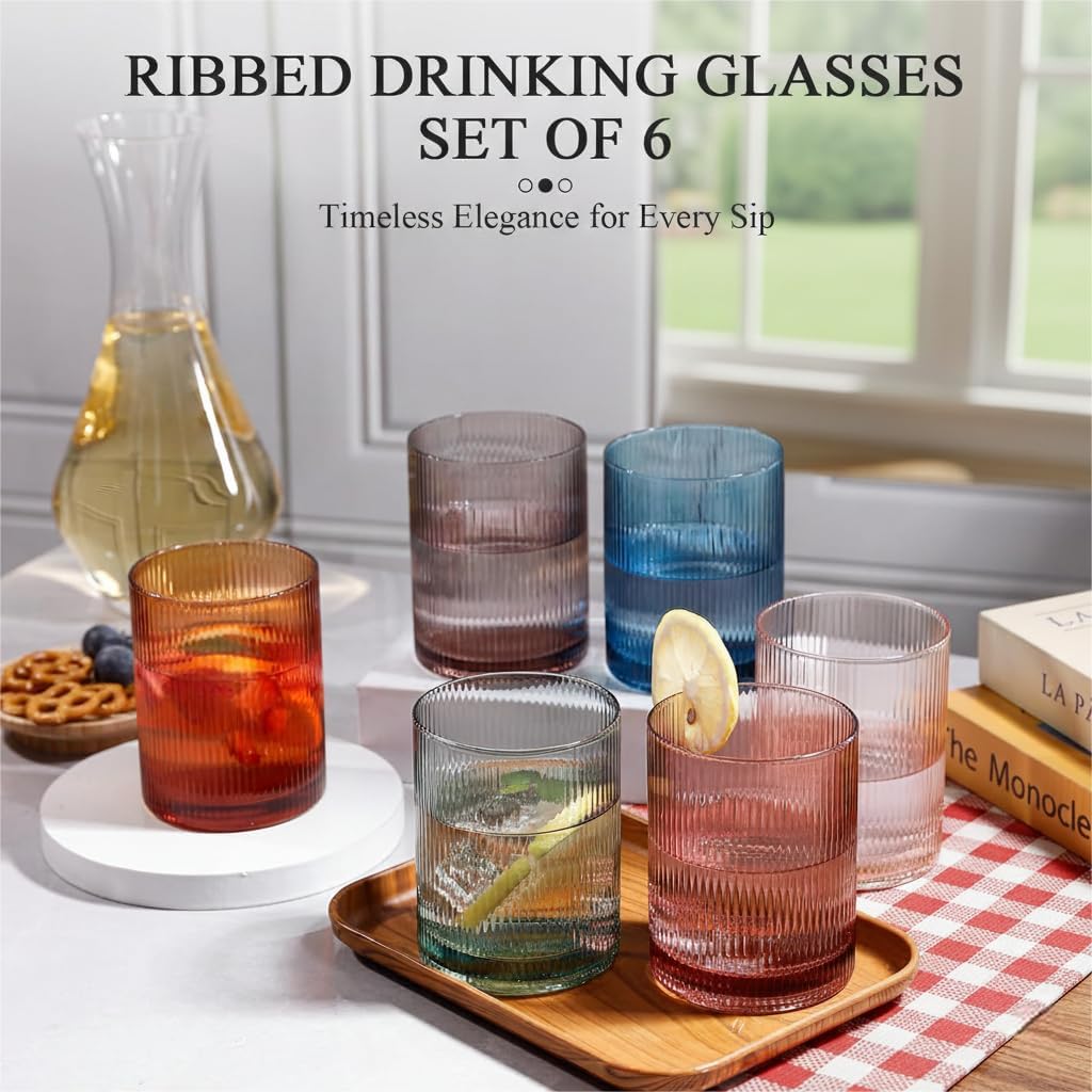 Physkoa Colored Drinking Glasses Set of 6 - Vintage Highball Glasses Colorful,Colorful Tumbler Glass for Cocktail,Juice,Mixed Drinks,Water,Holiday Party Supplies Gifts - Image 2