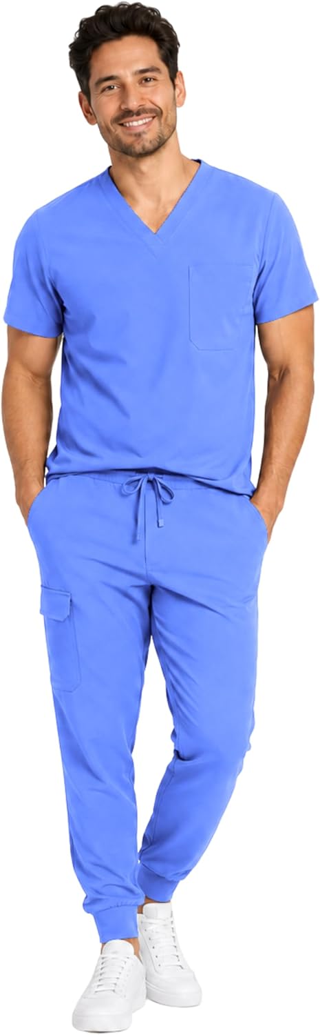 M&M SCRUBS Men Scrub Set – Luxe Stretch V-Neck Top & Jogger Pant 6 Pockets