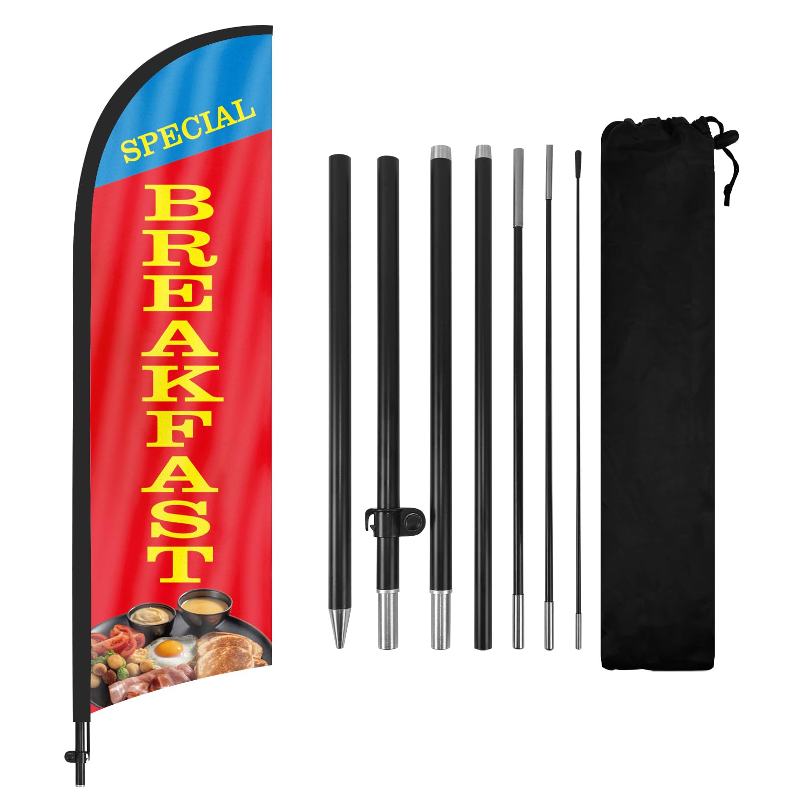 FSFLAG Breakfast Feather Flag with Flag Pole Kit and Ground Spike, 8.2FT Breakfast Windless Flag Banner Sign Business for Outdoor Advertising