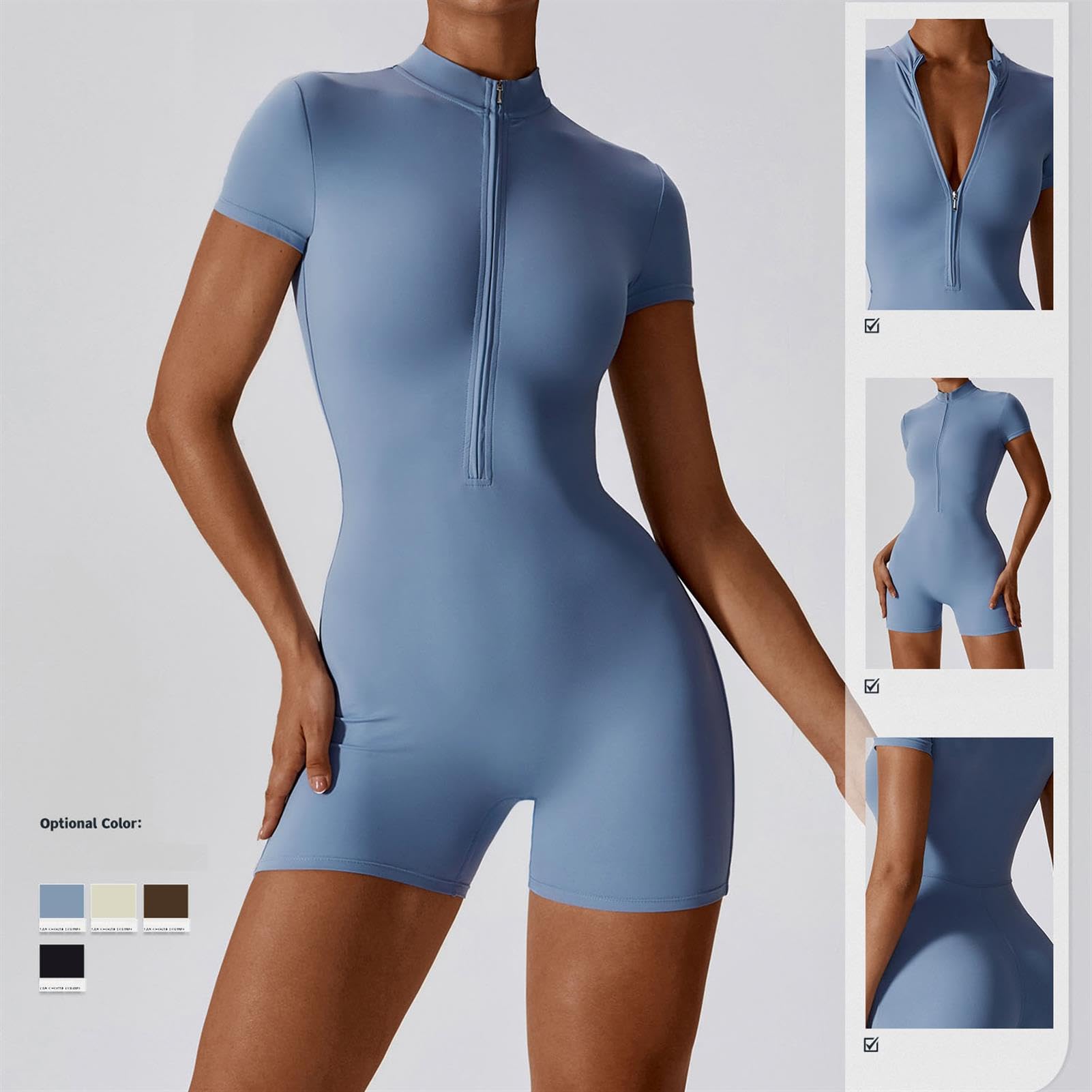 hixswnu Mameluco deportivo de manga corta con cremallera frontal para mujer, diseño todo en uno