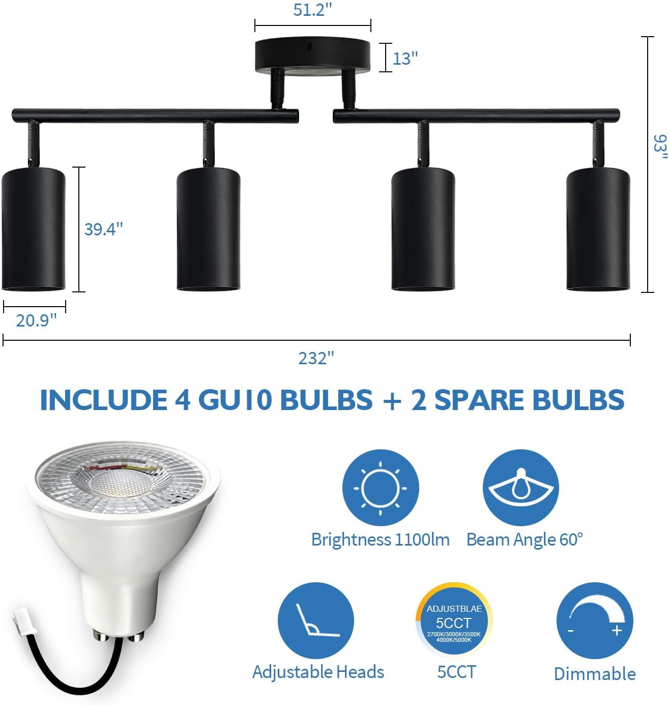 Jolux 4 Light LED Track Lighting Kit, Black 4 Way Ceiling Spot Lighting, 5CCT 2700K-5000K 1100LM Dimmable, Flexibly Rotatable Head, 4 GU10 Bulbs Included for Kitchen, Art Walls, Hallway & Living Room
