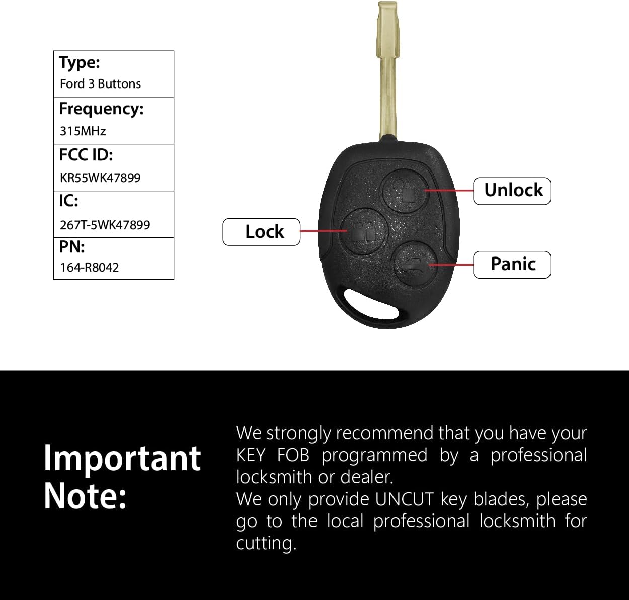 Car Key Fob Remote Keyless Entry Control KR55WK47899 315MHz 3 Button Replacement for 2010-2013 Ford Transit Connect - 2 Pack