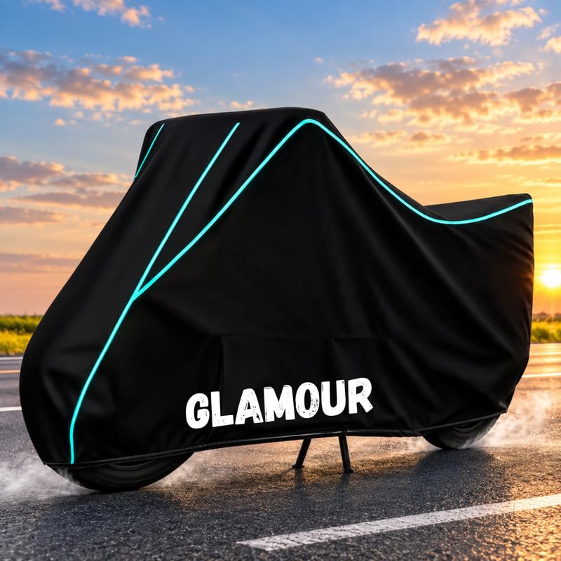 Image of Bike Body Cover for Glamour - Heavy Duty Waterproof, Dustproof & Scratch Resistant Motorcycle Cover, Full Body Outdoor Cover with UV & Rain Protection, Black Aqua Piping