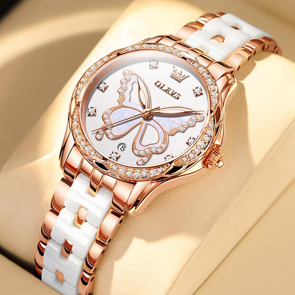 OLEVS Watches for Women Rose Gold Two Tone Fashion White Ceramic Ladies Wrist Watches Pink/Red Dial Stainless Steel Waterproof Date - Image 7