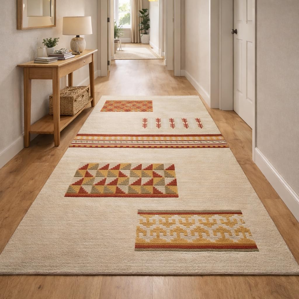 Handmade Hand-Tufted Wool Area Rug, Modern Geometric Motifs Ethnic Patchwork Multicolor Carpet for Living Room Bedroom Dining 7x10, 6x9, 8x10, 9x12 Sizes