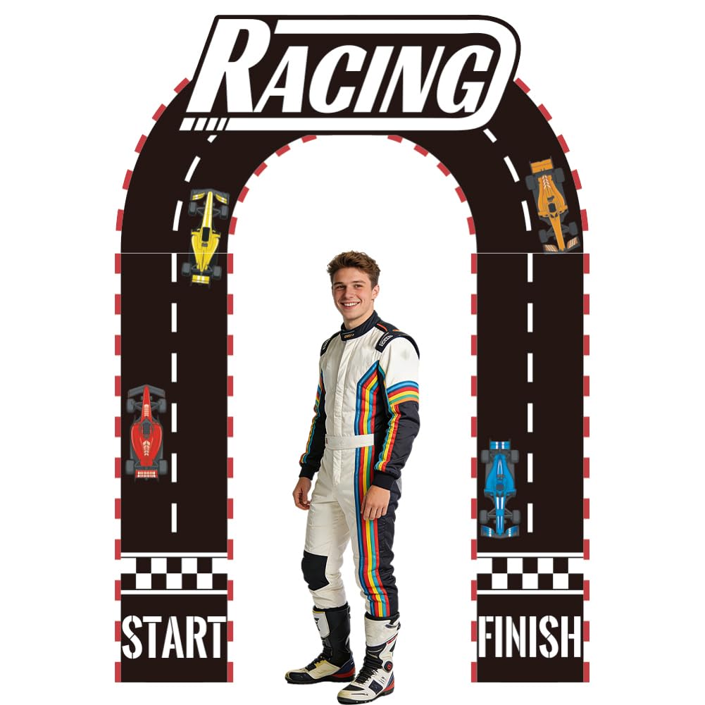 WADORN Racing Racetrack Door Banner Decorations, Funny Racing Car Theme Banners Porch Photo Racetracks Party Hanging Photography Background Backdrops for Birthday Party Decors Supplies, 9.2x6.6Ft
