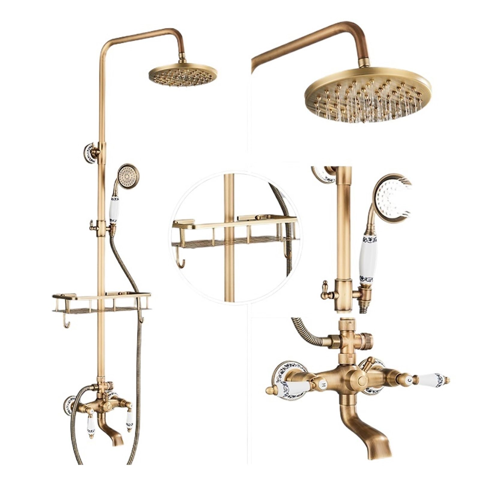 Kit de douche en laiton antique de style rétro chic avec étagère intégrée