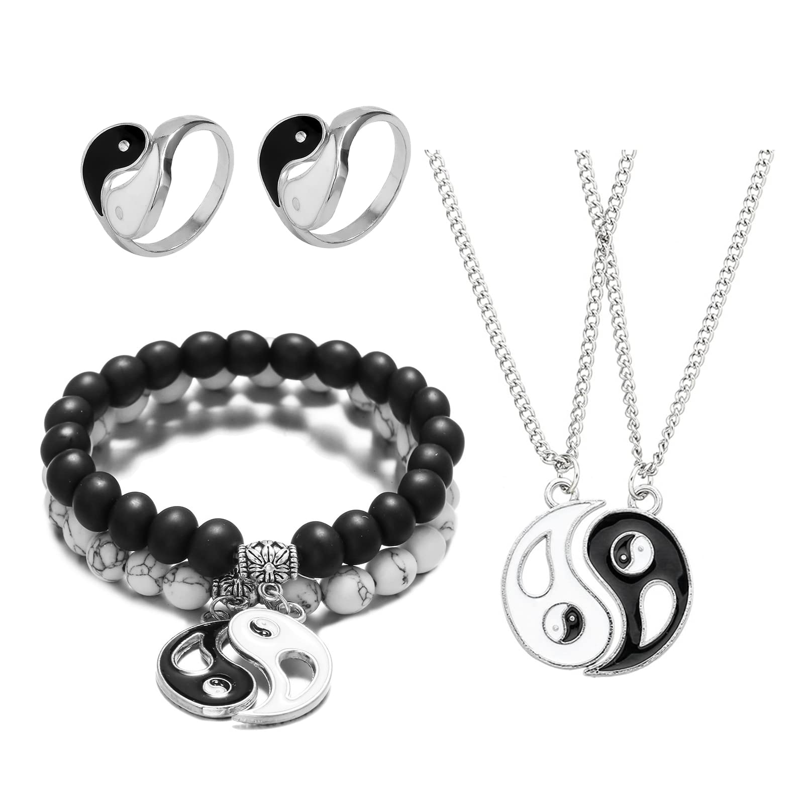 6 pieces Yin Yang Adjustable Cord Bracelet Set for Couple Yin Yang Matching Pendant Necklace for BFF Yin Yang Tai Chi Ring Band for Friendship Boyfriend Girlfriend (hollow yin yang)