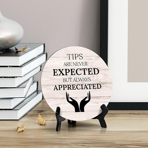 Miniatura 3 de Sign ByLITA - Letrero de mesa circular con texto en inglés "Tips Are Never Expected But Always Appreciated", color madera, cartel de mesa circular