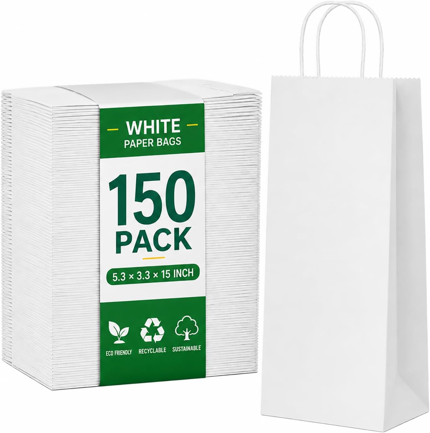 Havenwillow 150 Pack Paper Wine Bags Bulk 5.3"x3.3"x13" Recyclable White Wine Bottle Gift Bags With Handles, Wine Carrier Bags for Retail, Parties, Weddings & Event Packaging