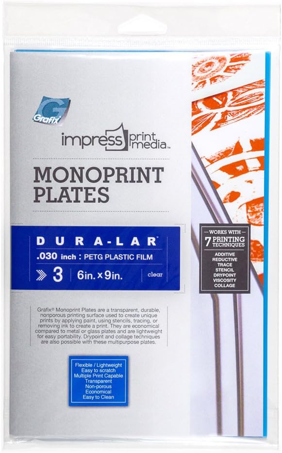 Grafix Impress Print Media Monoprint Plate – 6" x 9”, Pack of 3 – Transparent, Lightweight, Non-Porous .030” Dura-Lar Monoprinting Surface, Economical Alternative to Metal or Glass Plates