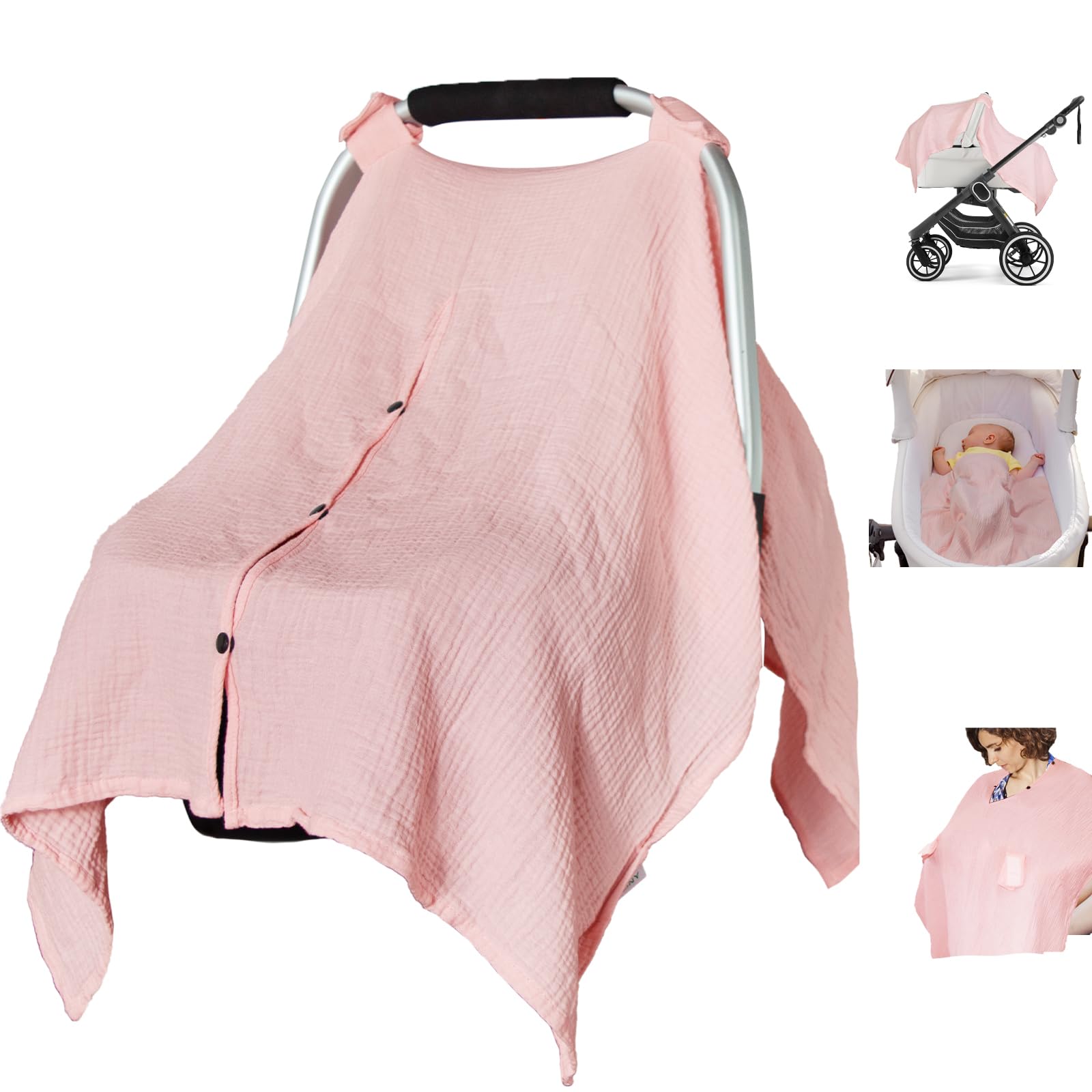 Organic Cotton Muslin Baby Car Seat Cover, Multi Use for Nursing Cover,Breathable Carseat Canopy for Boys Girls (Pink)