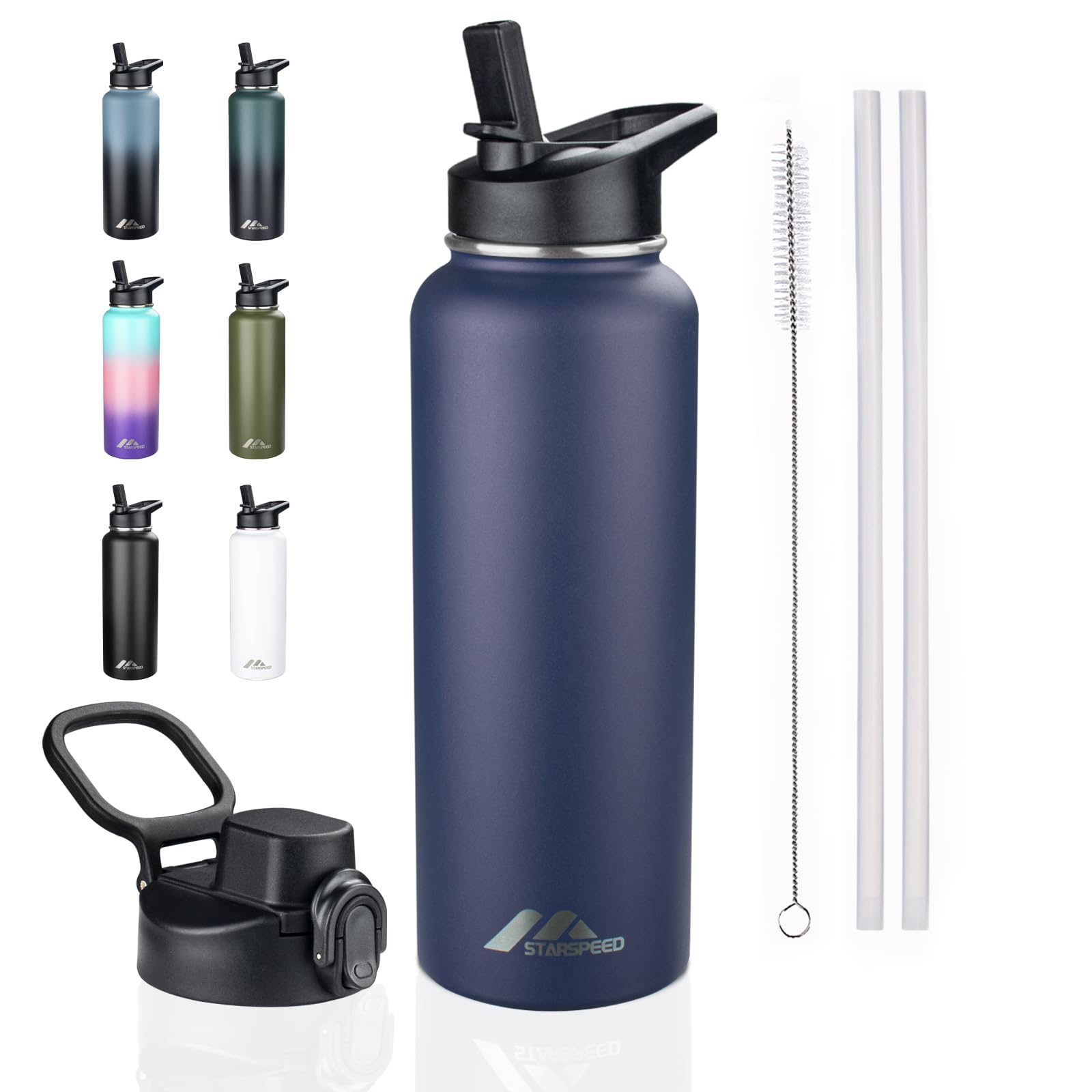 StarSpeed Isolierte Wasserflasche, Edelstahl, doppelwandig, Vakuum-Wasserkrug, 1,2 l, breite Öffnung, Sport-Thermobecher mit Trinkhalm-Deckel für heiße und kalte Flüssigkeiten, 1,2 l
