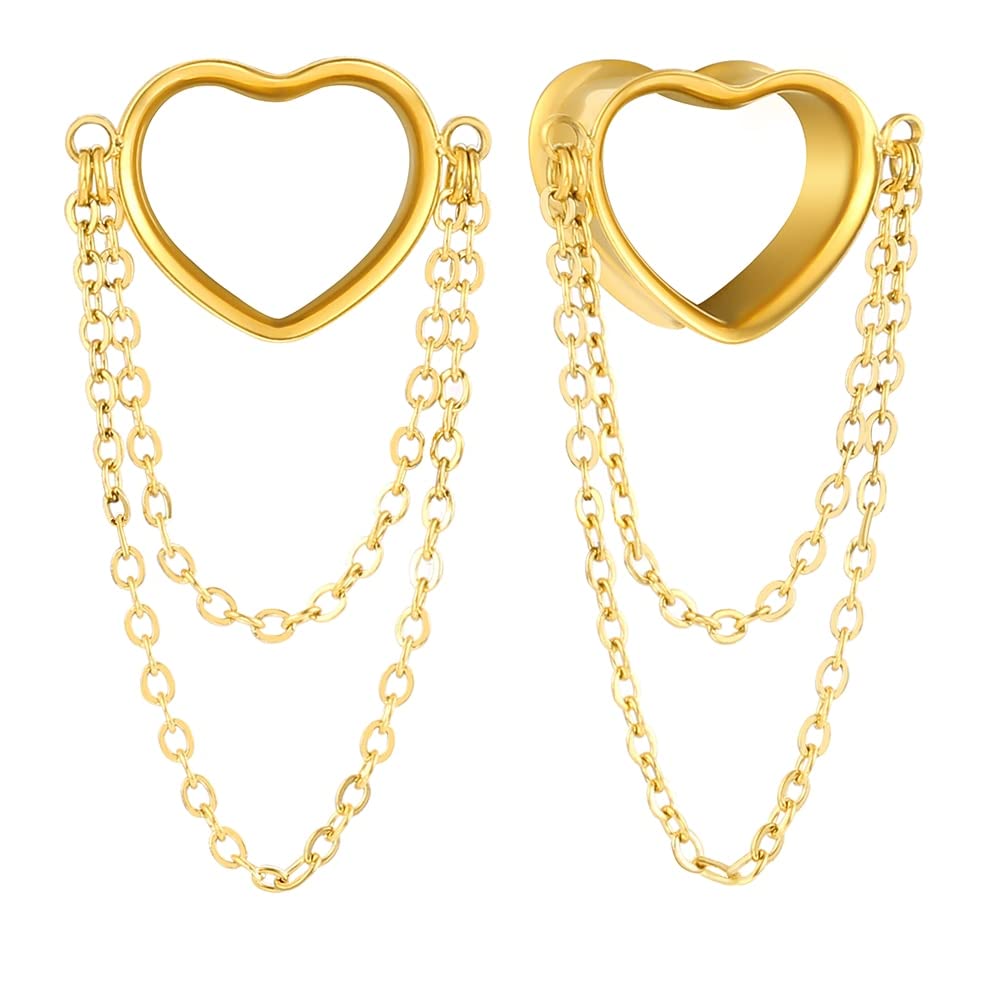 Earblity 2PCS Women Dangle Earrings 6mm-25mm,(2G-1inch) Heart Double Chain Earrings Ear Tunnels hangers for stretched,Hypoallergenic Body Piercing