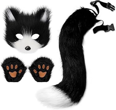 Furry Cosplay Set Cat Mask Tail Paw Gloves Adult Cat Halloween Cosplay Therian Animal Party Costume for Women Men