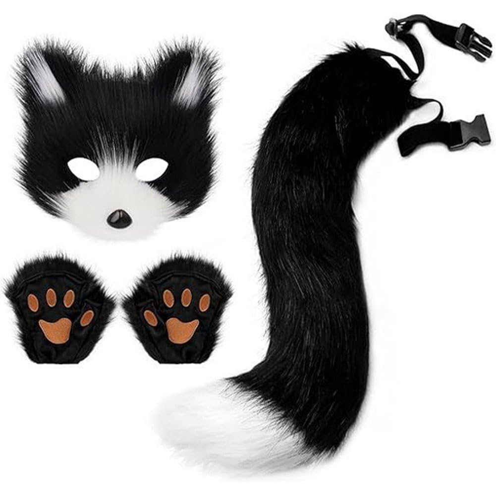 Danlai Black Cosplay Set Mask Furry Tail And Paw Gloves Set For Masquerade Cosplay Party Halloween Therian Mask