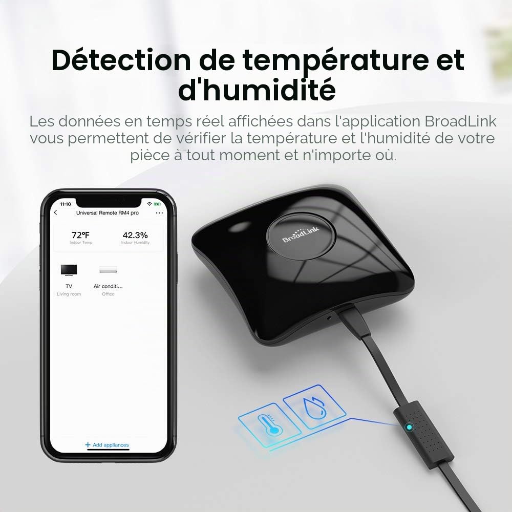 BroadLink RM4 Pro et Ensemble de câbles de capteur, concentrateur Universel de télécommande RF IR avec câble USB de Moniteur d'humidité de la température, Fonctionne avec Alexa, Wi-FI 2.4 GHz