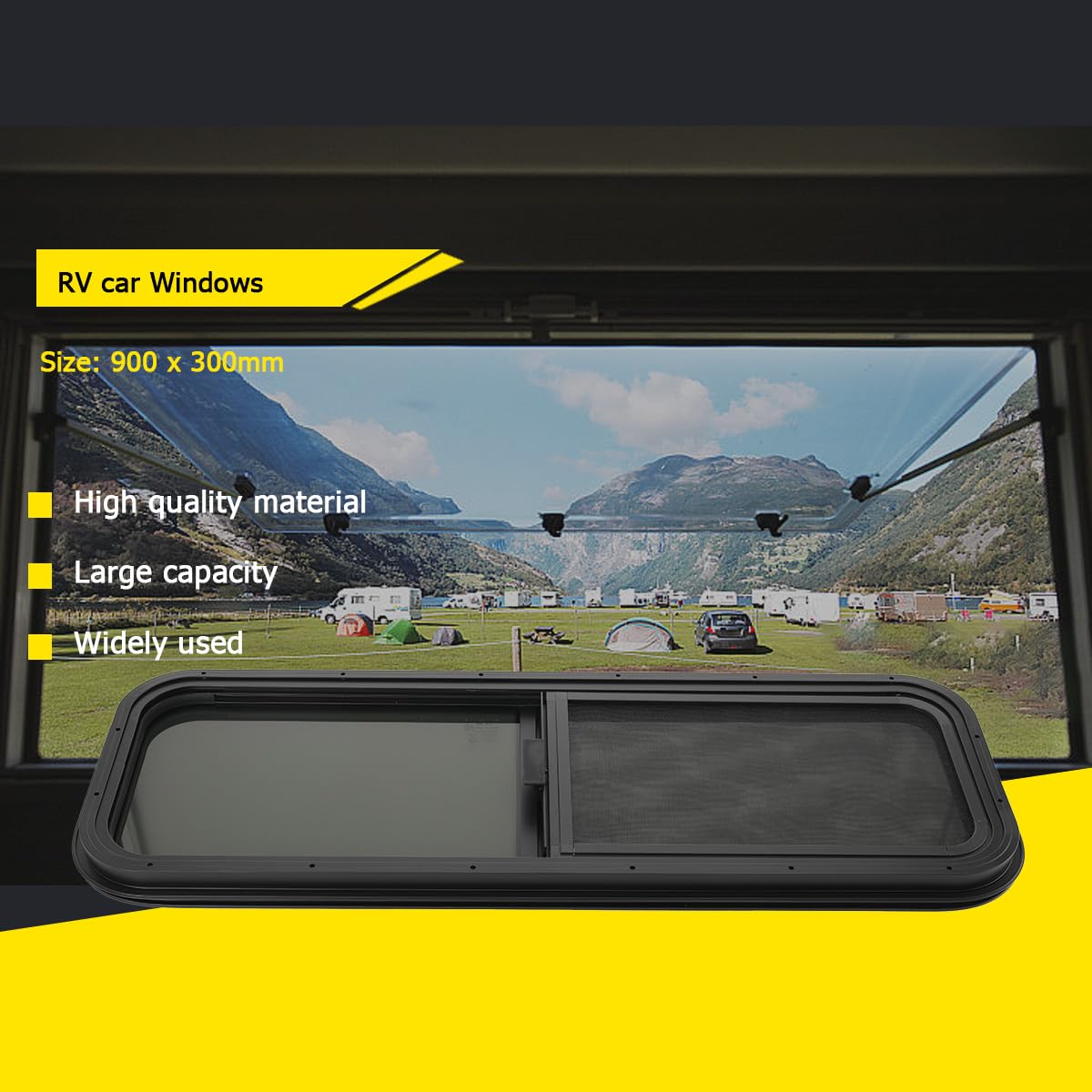Ventana corredera para caravana, 900x300mm, con Mosquitera Integrada, Lunas tintadas de Vidrio Templado con Cierre de Seguridad para Autocaravana, Furgoneta Camper y Remolque