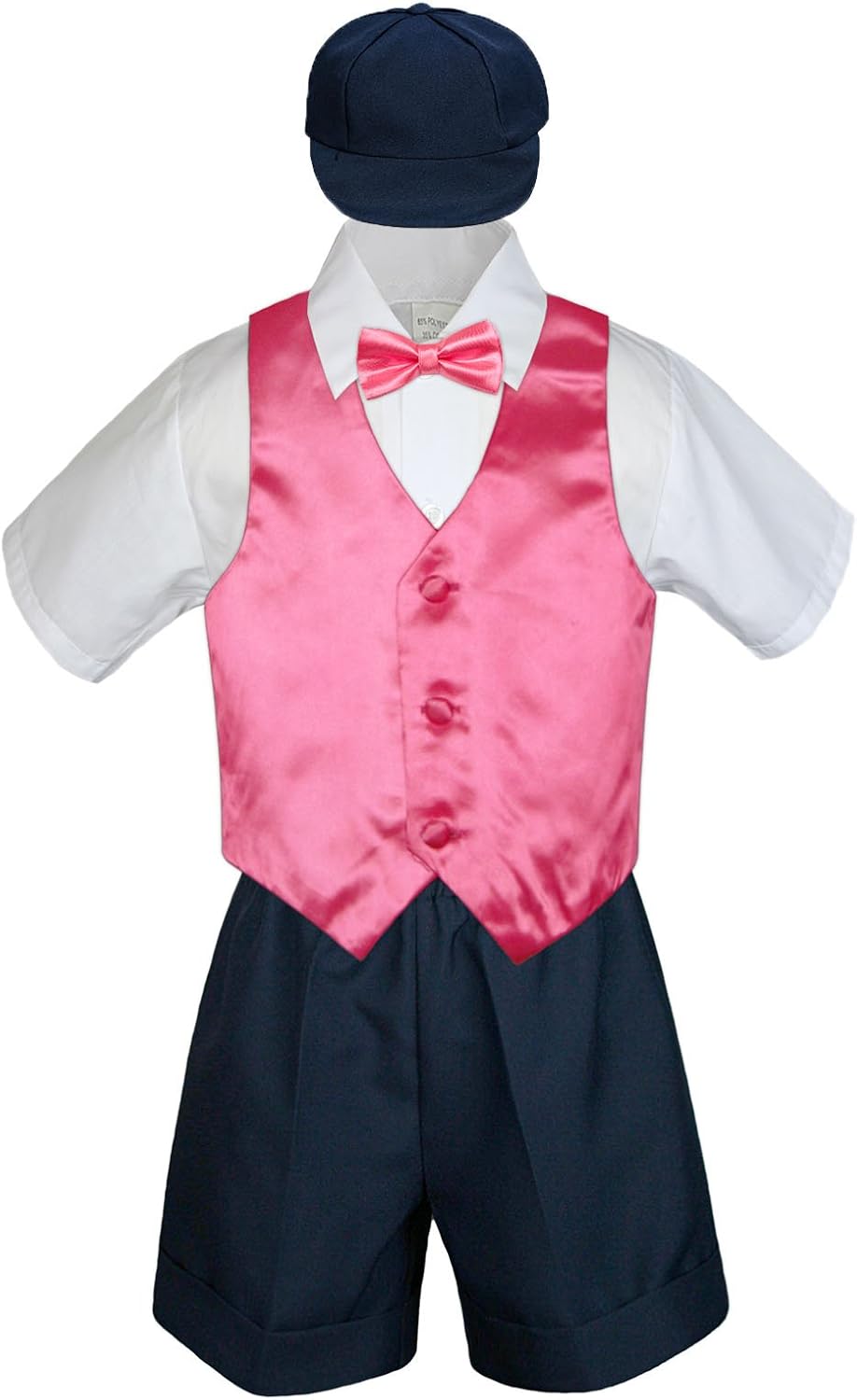 Baby Toddler Boy Formal Party Suit Navy Shorts Shirt Hat Bow tie Vest Set Sm-4T