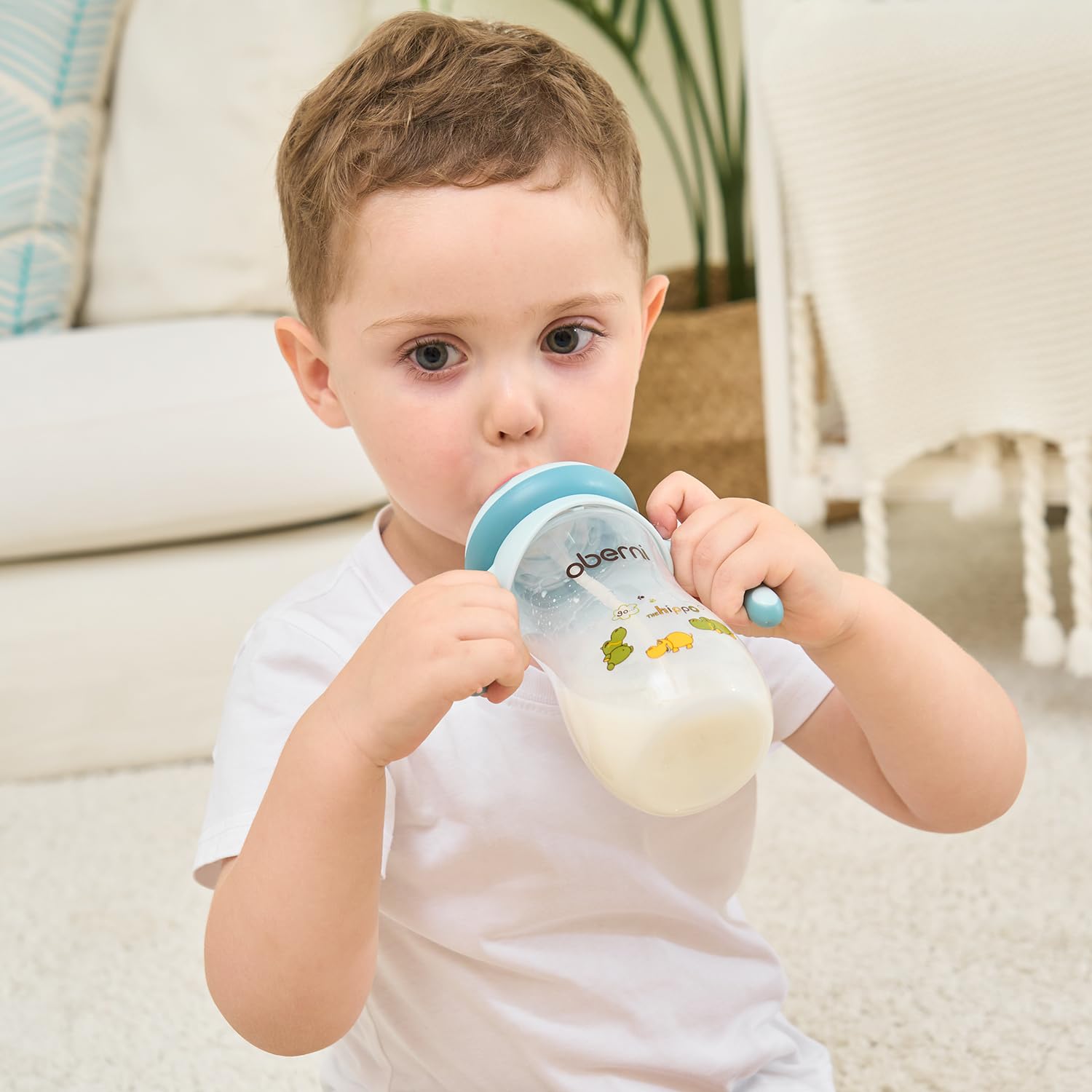 Oberni Biberon 330 ml, cannuccia ponderata, bottiglia per latte per bambini con tettarella variabile (misura +), a partire da 12 mesi, colore: rosa/2 pezzi
