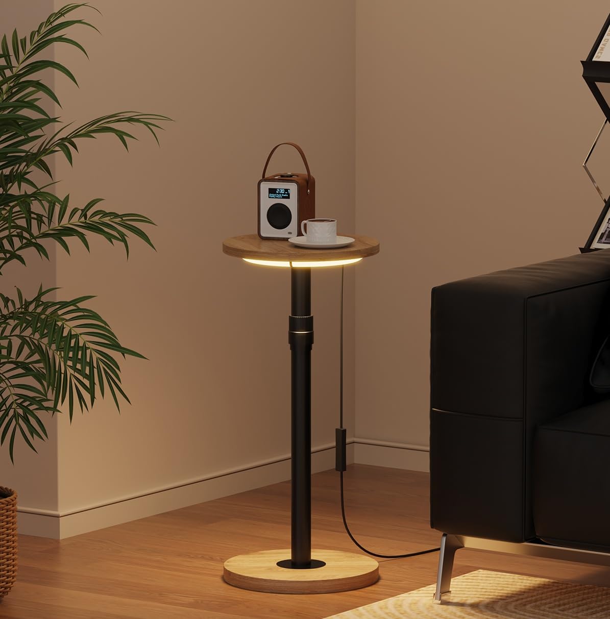 Redd Royal Small Round Side Table Oak Wood with Led Light for Sofa Bed, 25cm Narrow End Table Tall Coffee Table Bedside Table Hight Adjustable 47 to 82cm for Living Room Bedroom