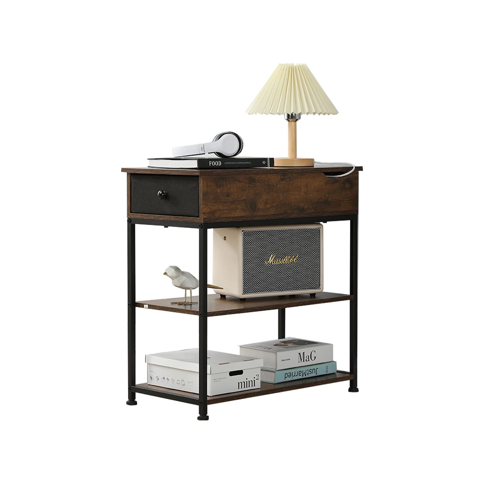 SENIG End Table with Charging Station and USB Ports, Small Side Table for Bedroom, Narrow End Table for Living Room Storage, Corner Table with Drawer