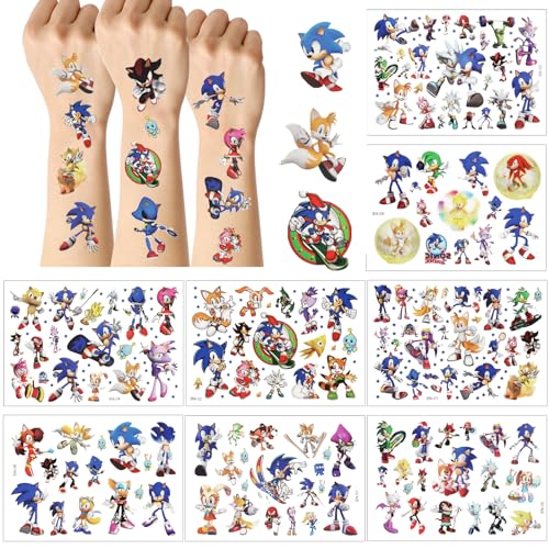 Sonic Tattoo Kinder, 8 Blätter Temporäre Kindertattoos Aufkleber, 180+ Stile Sticker Set für Mädchen Jungen, Geburtstagsgeschenke Kindergeburtstag Mitgebsel Festival Party Deko