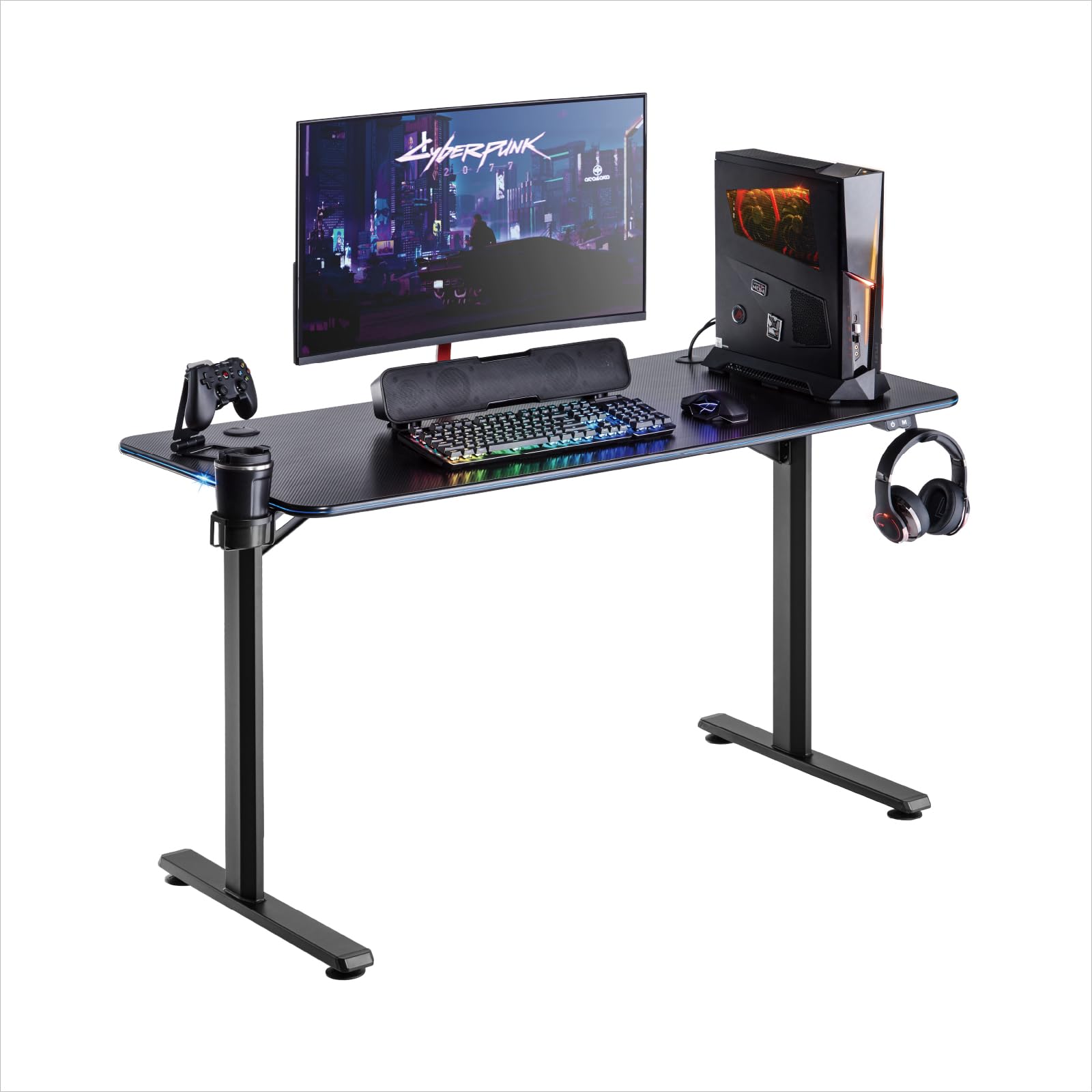 Noua Dot Scrivania Gaming RGB, Tavolo da Gioco Ergonomico, Postazione Gaming per PC Computer Monitor, Fori Passacavi, Portabicchieri e Gancio per Cuffie, 113x60x75 cm