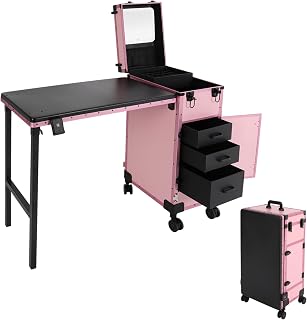 Rolling Manicure Table Foldable Nail Desk Travel Portable Nail Table Makeup Train Case with LED Mirror Cosmetic Trolley with 3 Drawers for Technician Workstation Nail Tech Salon (Pink)