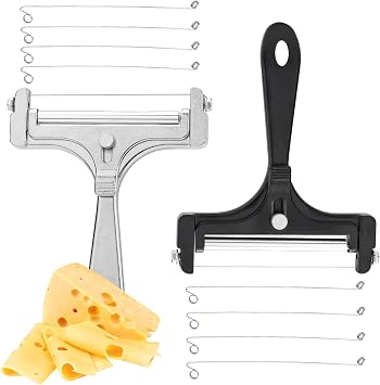 2 Pieces Stainless Steel Wire Cheese Slicer, Adjustable Cheese Block Cutter with 8 Wires Replacement, Handheld Cheddar Plane Slicer for Gruyere Raclette Mozzarella Butter Silver and Black
