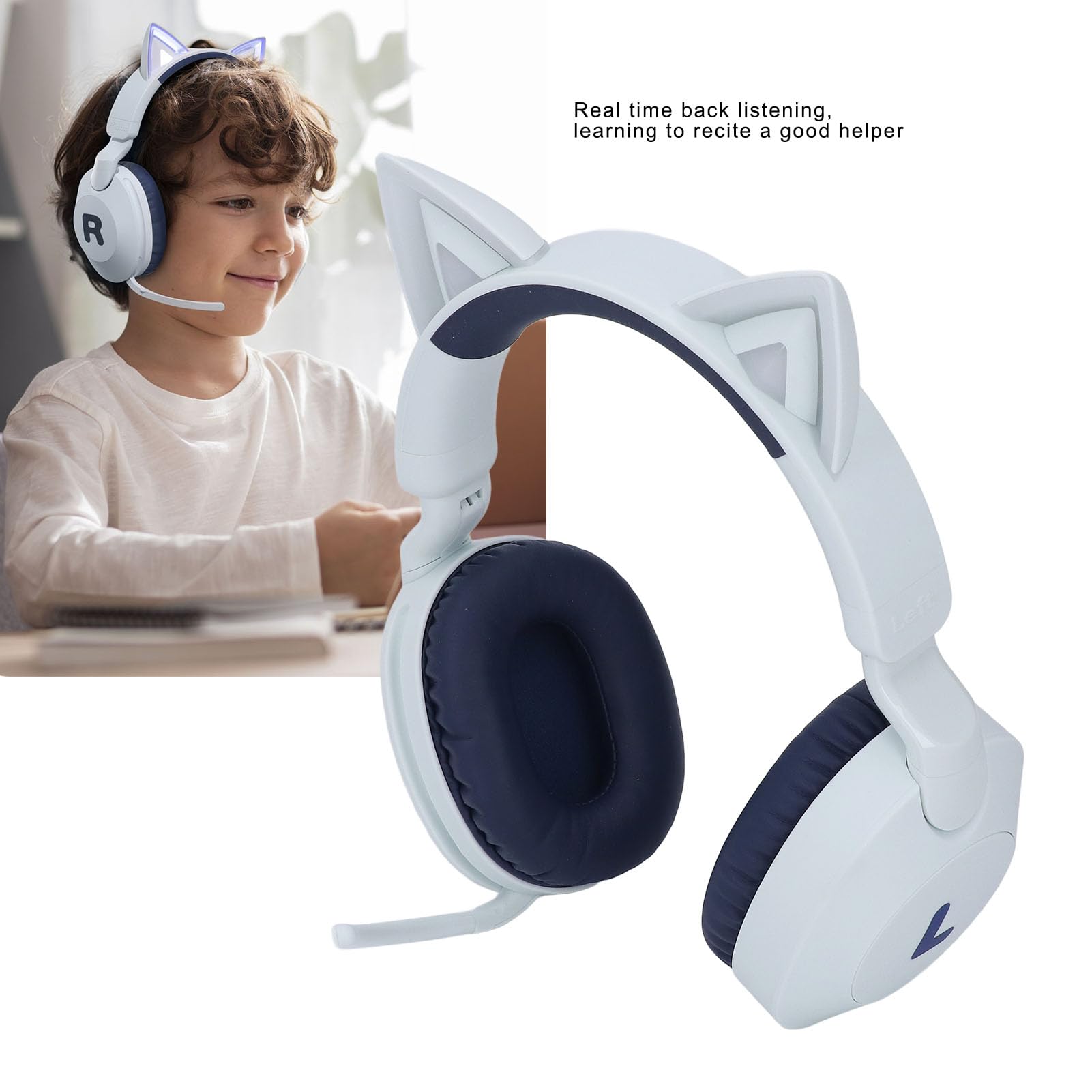 Luocute Cat Ohr -Wireless -Kopfhörer, LED -Licht und 3,5 -mm -Aux -Kabelklappkabel -Musikspiel -Headset, Mikrofon -Lautstärkesteuerung, Schnelles Laden, Geeignet für Schulreiseflugzeuge (Blue)