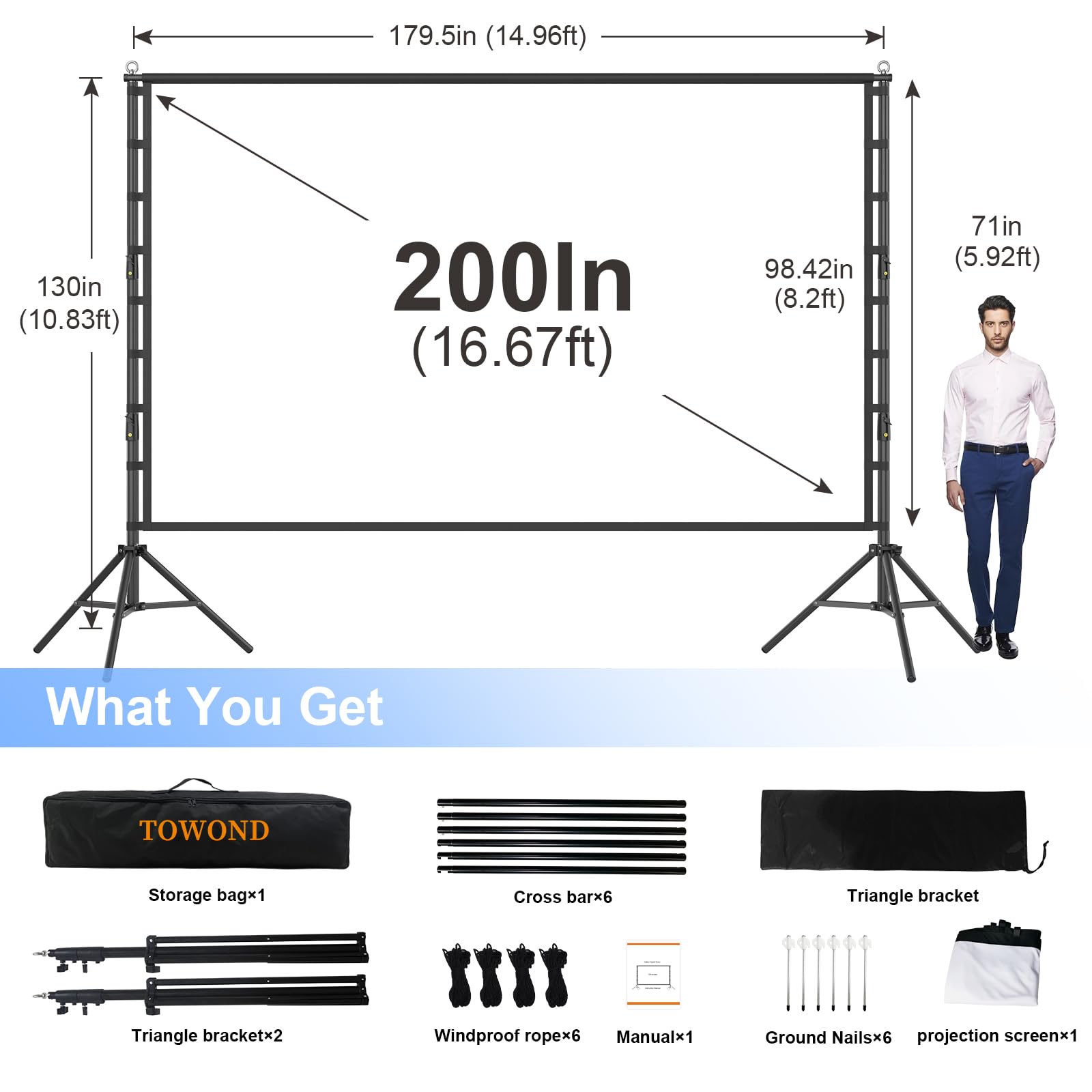 TOWOND 200 Zoll Beamer Leinwand mit Stativ, Große Projektionsfläche | Leinwand für Beamer 160 Grad Betrachtungswinkel 16:9 HD Rear Front, Filmleinwand Outdoor Tragetasche für Party Theater Nächte
