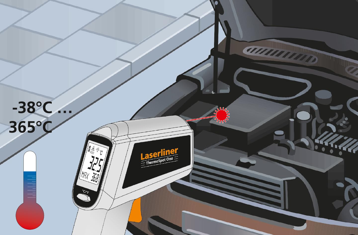 Laserliner Thermomètre Infrarouge ThermoSpot One, Thermomètre Numérique pour Surfaces, -38 °C à +365 °C, Mesure sans Contact, avec Laser de Visée