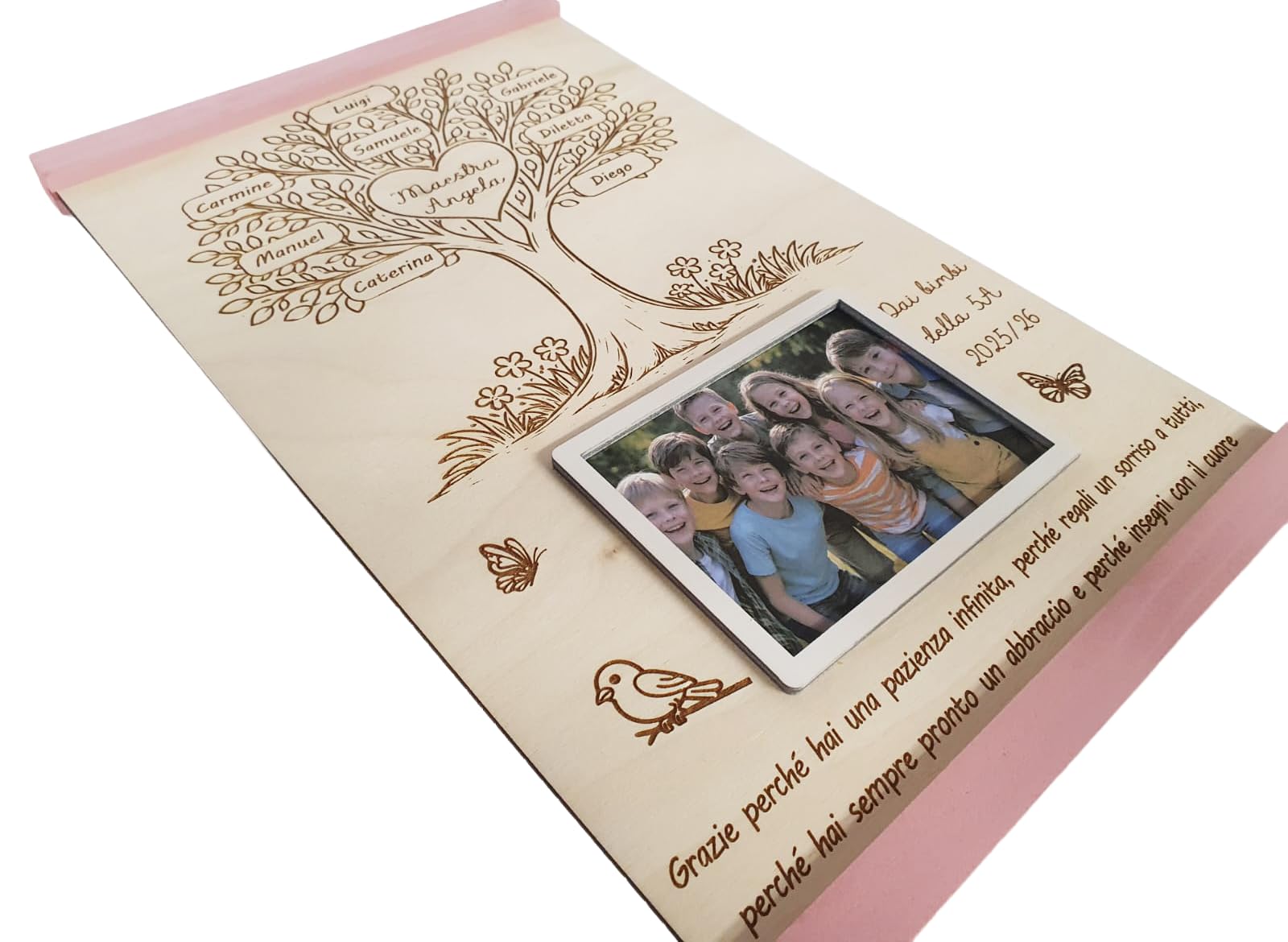 Targa in Legno Personalizzabile con Foto per Maestra e Maestro, Idea Regalo Fine Anno con Dedica degli Alunni, Albero della vita