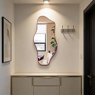 Irregular Tempered Glass Mirror, 35.8"x17.7" Red Asymmetrical Wall Mirror, Modern Abstract Frameless Mirrors for Living Room Bathroom Bedroom Entryway, Horizontal or Vertical Hanging