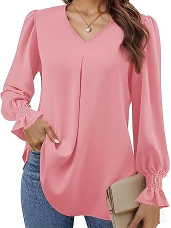 Women Blouses Elegant Casual Loose V-Neck Pleated Smocked Womans Fall Shirts Plain Lantern Long Sleeve Tunic Tops
