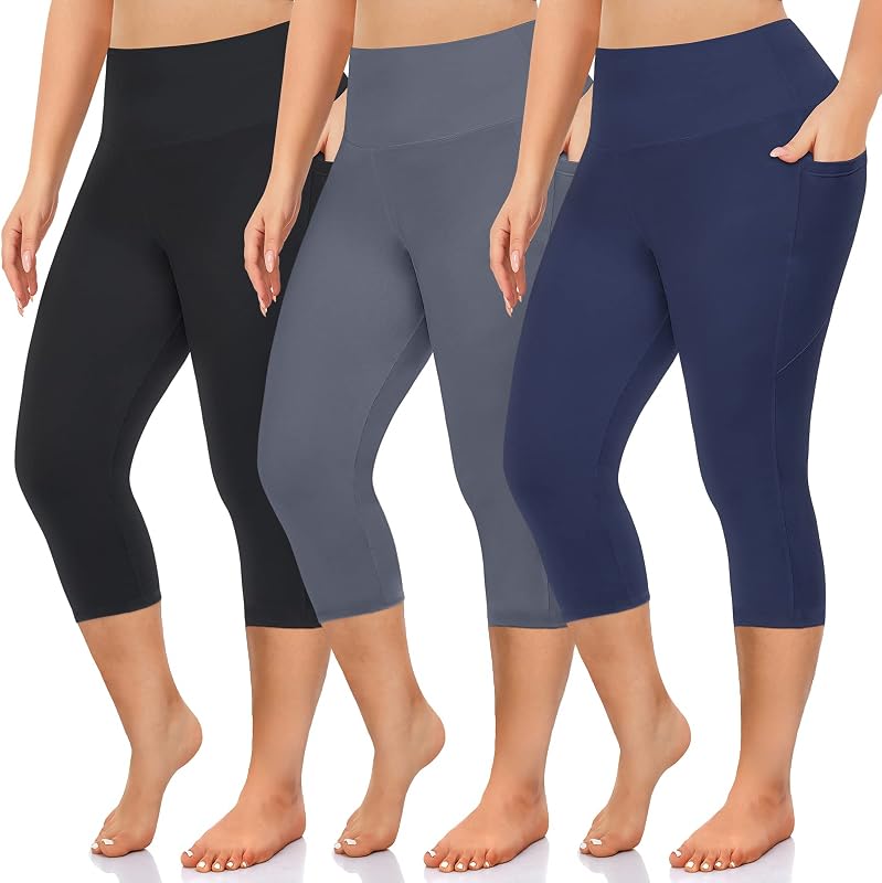 NEW YOUNG 3 Pack Plus Size Capri Leggings with Pockets for Women,High Waist Tummy Control Workout Yoga Leggings