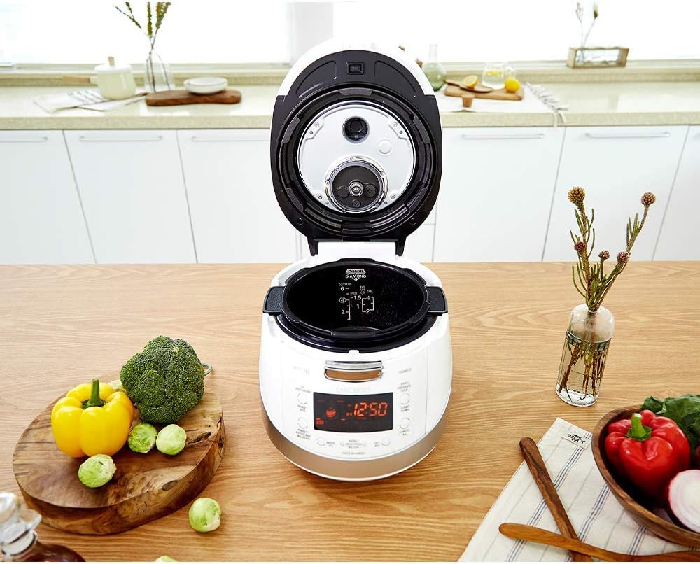 Cuckoo CRP-HS0657F 6 cup Induction Heating Pressure Rice Cooker – 18 Built-in Programs Including Glutinous, GABA, Mixed, Sushi and More, Non-Stick Coating, Made in Korea, White/Silver, 6 C (Renewed)