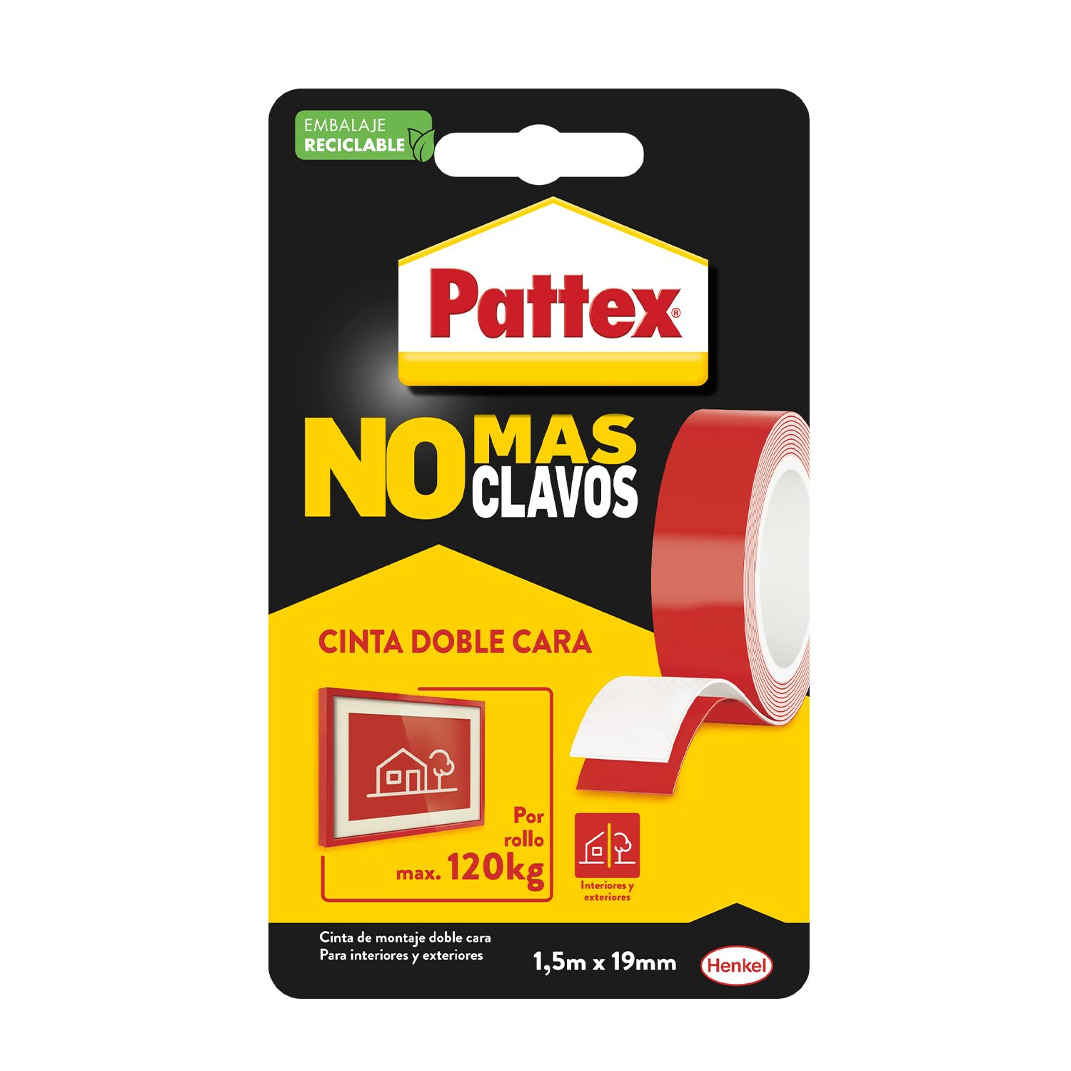 Pattex No Más Clavos Cinta, cinta adhesiva para aplicaciones permanentes, cinta de doble cara extrafuerte, adhesivo de montaje para interior y exterior, 19 mm x 1,​5 m