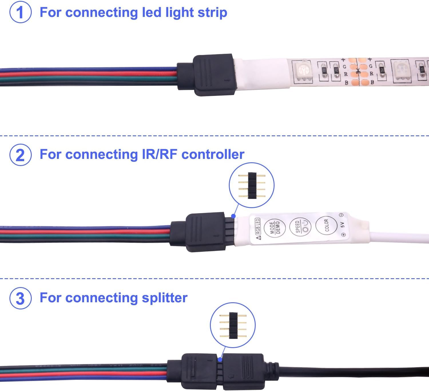 YAJIERUI 3528 5050 RGB LED strip light with 8mm wide strip to controller jumper, 4-pin rail lighting connector for DIY category - Image 2