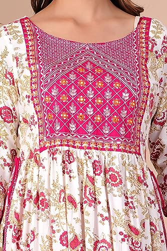 Image of MANHAREE | Women's Rayon Printed Embroidered Anarkali Kurta with Pant & Dupatta Set