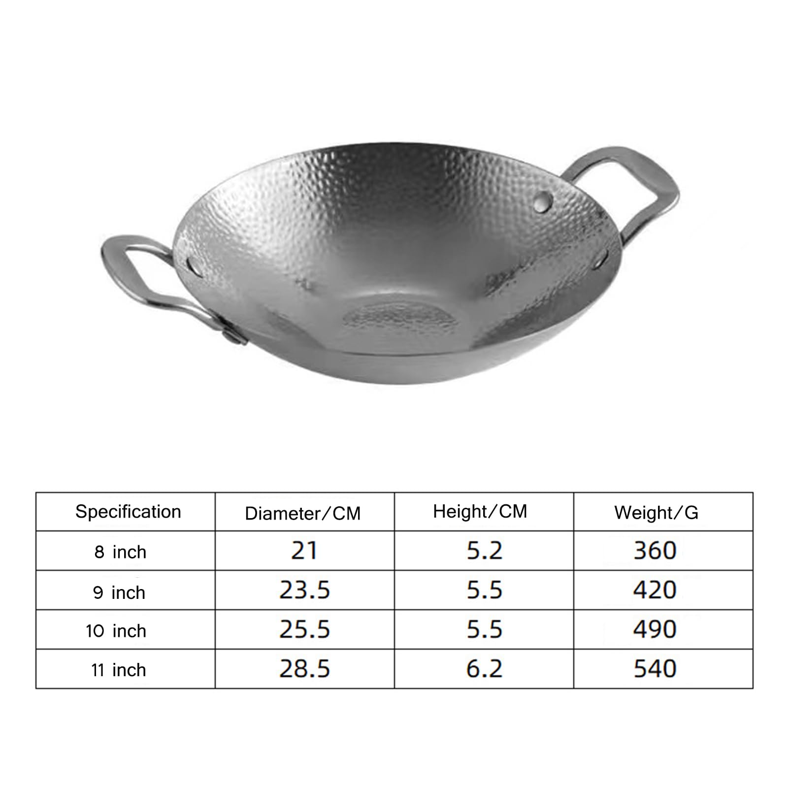 Paellapfanne aus Edelstahl mit Doppelgriffen – 8"/9"/10"/11" unbeschichtet, antihaftbeschichtet, Wok-Grillpfanne, Bratpfanne, runde Teller, Schüssel für Zuhause, Camping und Treffen (Silber