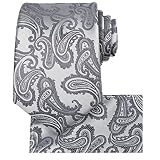 Mens Tie Set: Silver Gray Tie Paisley Necktie + Pocket Square