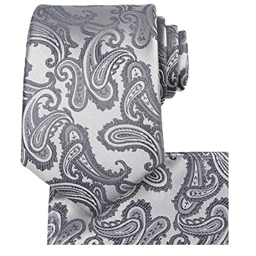 Mens Tie Set: Silver Gray Tie Paisley Necktie + Pocket Square #TOP23