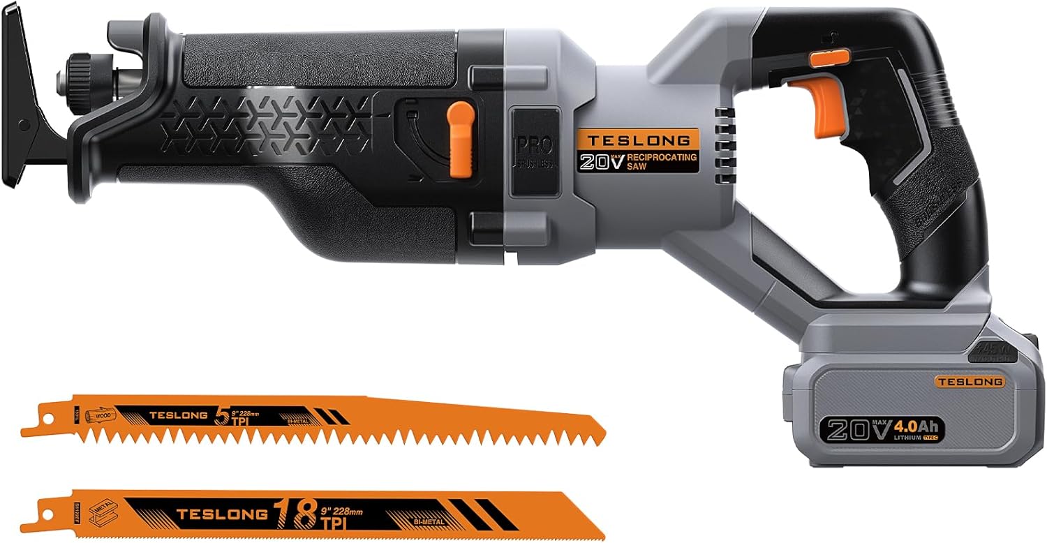 Teslong 20V Brushless Reciprocating Saw, 1-1/4" Stroke, 0–3000 SPM Variable Speed, LED Light, Tool-Free Blade Change, with 4.0Ah Battery